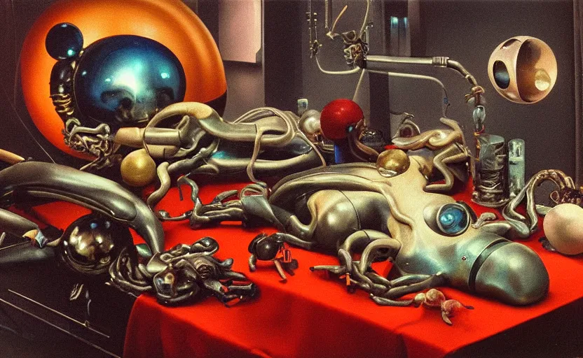 Image similar to strange seductive futuristic robot body, enticing colorful oil painting dutch golden age vanitas still life sparse composition with bulbous objects strange gooey transparent surfaces shiny metal reflections bizarre mutant meat insects rachel ruysch dali todd schorr very detailed perfect composition rule of thirds masterpiece canon 5 0 mm, cinematic lighting, photography, retro, film, kodachrome
