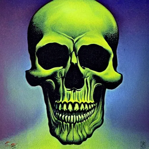 Image similar to psychedelic skull in the style of Zdzisław Beksiński,