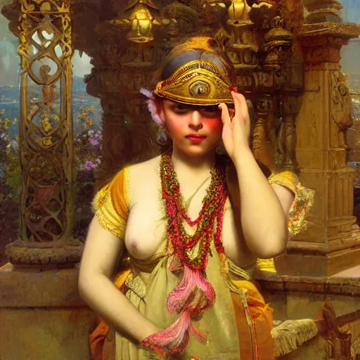 Image similar to detailed full body of hindu traditional girl blindfolded high - tech vr headset in baroque style, girl graceful,, painting by gaston bussiere, craig mullins, j. c. leyendecker, lights, art by ernst haeckel, john william godward, hammershøi,,