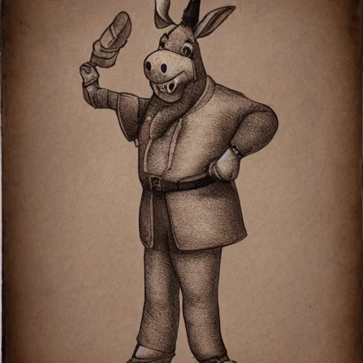 Prompt: tintype, ink drawing of a man-sized anthropomorphic donkey wearing elegant clothing, brown color scheme, detailed, realistic, sketch, cartoon, funny, elegant, woods background, fairytale