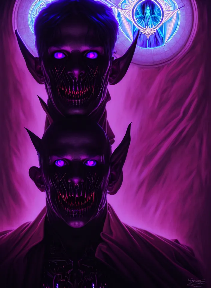 Prompt: symmetry!! portrait of a demonic man, gothic outfit, ultraviolet colored glowing lights!! dark atmosphere, intricate, horror, highly detailed, digital painting, artstation, symmetric concept art, smooth, sharp focus, illustration, art by artgerm and greg rutkowski and alphonse mucha, 8 k