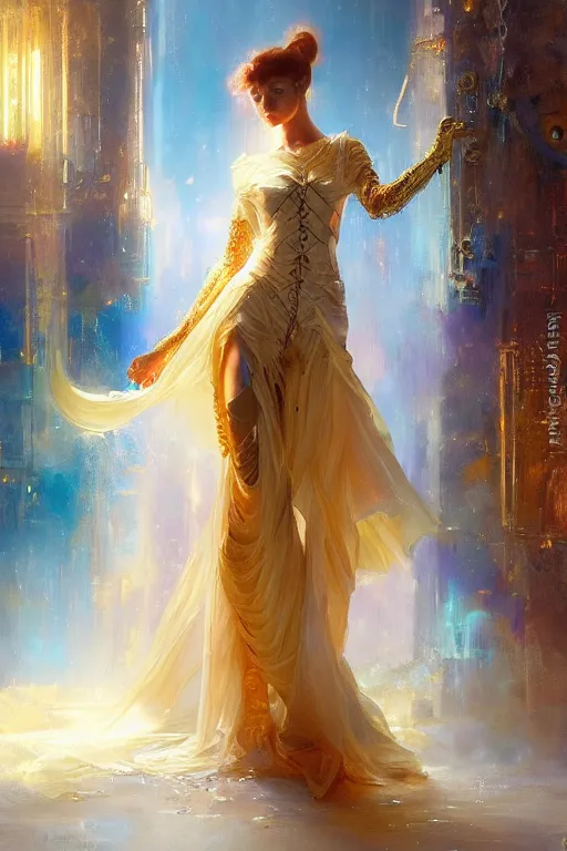 Image similar to cyberpunk beautiful girl, light body golden armor, flowing gown by vladimir volegov and alexander averin and delphin enjolras and daniel f. gerhartz