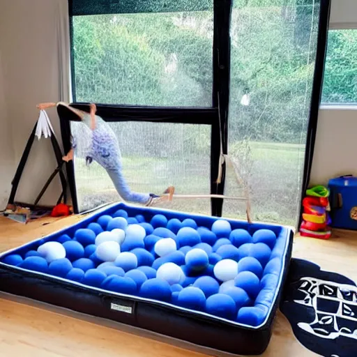 Image similar to a black trampoline, a ball pit, and a mattress inside a big empty room with light coming through the windows