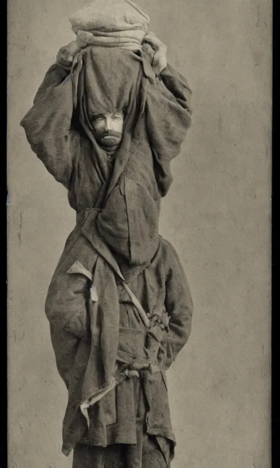 Prompt: person wearing cloth sack over head, ww1 photo, grainy, high detail, high resolution,