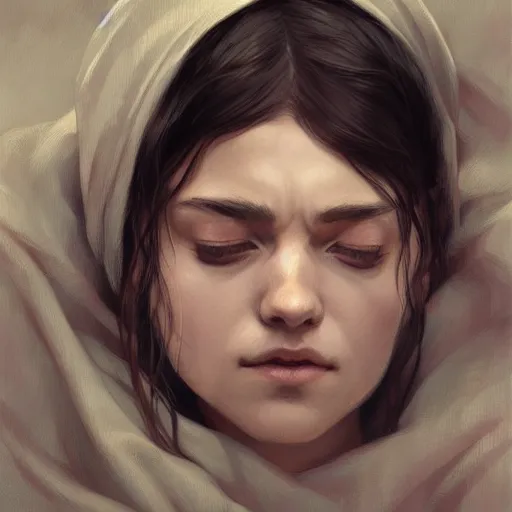 Prompt: Portrait of sleeping arya stark, elegant, digital painting, highly detailed, fantasy, artstation, concept art, smooth, sharp focus, illustration, art by artgerm and greg rutkowski and alphonse mucha