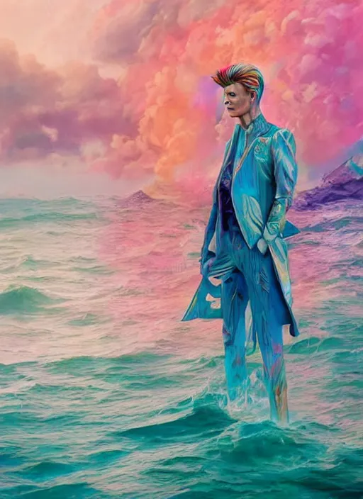 Image similar to detailed full body concept art illustration colorful pastel painting of a david bowie on the ocean in full intricate clothing, ultra detailed, digital art, octane render, 4K, dystopian, micro details