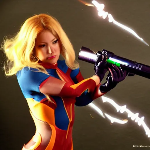 Image similar to a fantastically attractive samus aran shooting a metroid with her blaster
