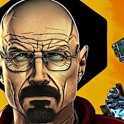 Image similar to Walter White as a Borderlands 2 character, drug dealer, game box cover art