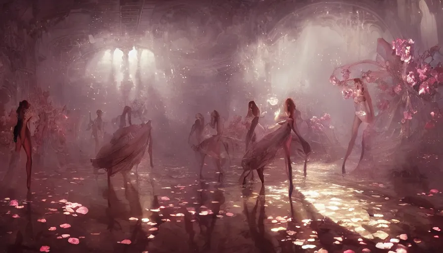 Image similar to victoria secret runway show, light, shadows, reflections, flowers, epic composition, intricate, elegant, volumetric lighting, digital painting, highly detailed, artstation, sharp focus, illustration, concept art, ruan jia, steve mccurry, james jean, peter andrew jones, greg rutkowski, raymond swanland, concept art, iconic