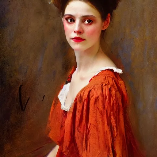 Prompt: Solomon Joseph Solomon and Richard Schmid and Jeremy Lipking victorian genre painting portrait painting of a happy young beautiful woman traditional german french actress model old west character in fantasy costume, red background