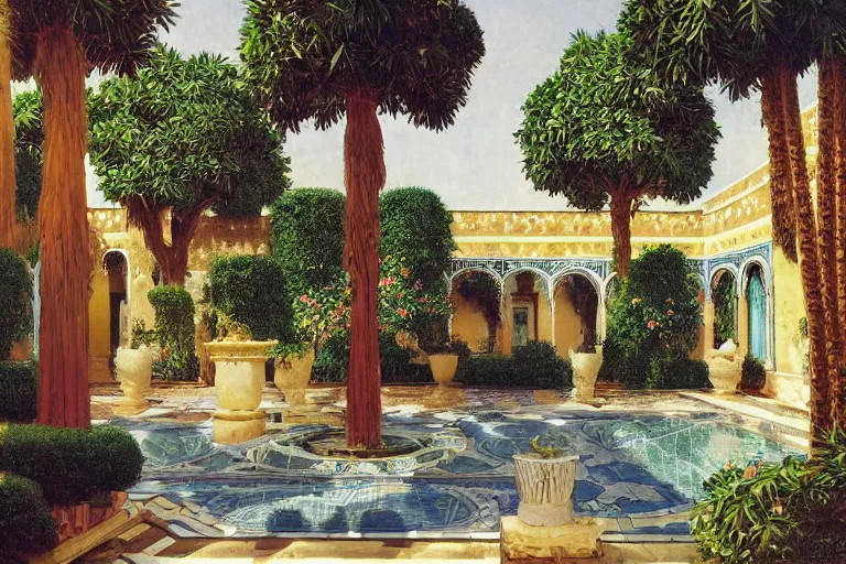 Image similar to painting of a beautiful moorish palace courtyard garden, by ludwig deutsch and maxfield parrish, patterned tilework, palm trees, tiled fountains, extremely detailed, cinematic lighting, smooth sharp focus