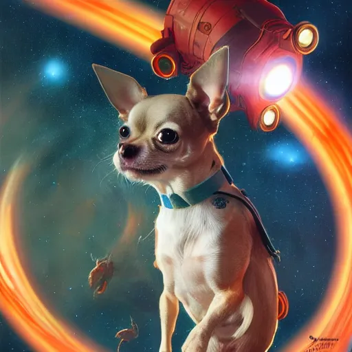 Image similar to A chihuahua as a space captain, intricate suit, cinematic lighting, highly detailed, digital painting, artstation, concept art, smooth, sharp focus, illustration, art by Artgerm and Greg Rutkowski