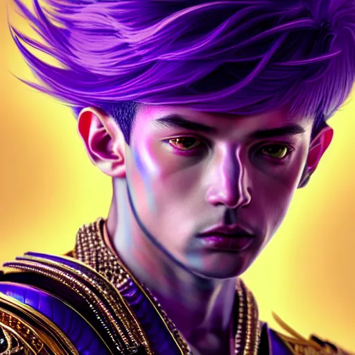 Prompt: hyperdetailed close portrait of a stunningly beautiful ukrainian boy androgynous wizard guard made of iridescent metals and shiny purple gems, bright rainbow nimbus, golden necklace, smoke background inspired by ross tran and masamune shirow and kuvshinov, concept art, intricate, photorealistic, octane render, rtx, hdr, unreal engine, dnd digital art by artgerm