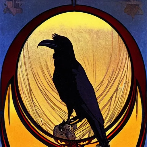 Prompt: a raven in front of a red moon by alphonse mucha