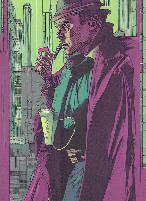 Prompt: portrait of a cyberpunk noir detective who dabbles in the occult with a cool robe by moebius