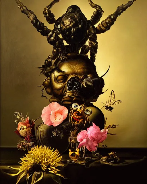 Image similar to refined gorgeous blended oil painting with black background by christian rex van minnen rachel ruysch dali todd schorr of a chiaroscuro portrait of an extremely bizarre disturbing mutated man made of still life flowers and rubber insects with shiny skin acne dutch golden age vanitas intense chiaroscuro cast shadows obscuring features dramatic lighting perfect symmetry perfect composition masterpiece