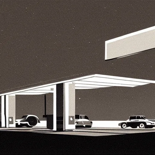 Image similar to a gas station at night by emiliano ponzi, george ault, bauhaus, retrofuturism, concept art, matte drawing