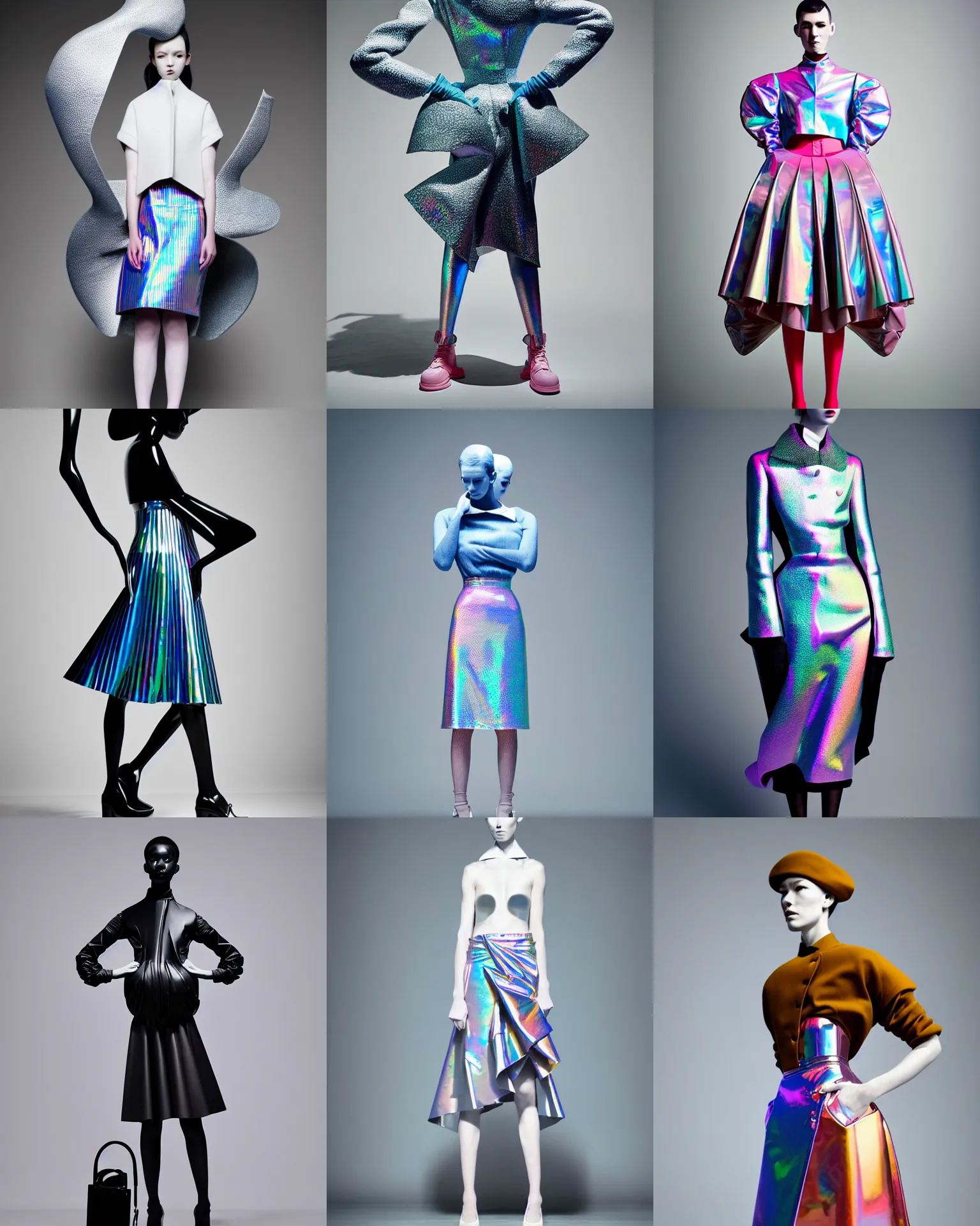 Prompt: james jean wearable sculpture haute couture, holographic, body fitted dart manipulation, loose coat collar sailor uniform, midi skirt, coated pleats, synthetic curves striking pose, stylized dynamic folds, cute huge pockets, intriguing volume flutter, youthful, modeled by modern designer bust, expert composition, professional retouch, editorial photography