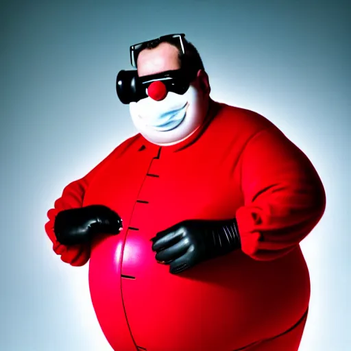 Image similar to a round fat man in a red jumpsuit, wearing shiny black goggles, long pointy pink nose, spikey brown moustache, large cartoonish hands with white gloves