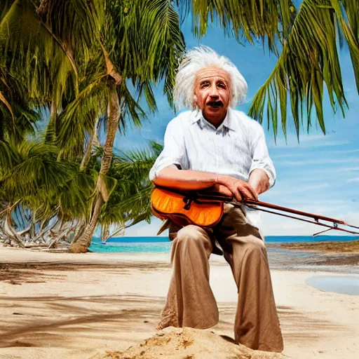 Prompt: albert einstein on tropical beach playing violin tourism photography award winning in the style of andrew rankin