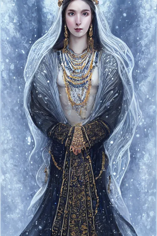 Image similar to full - body - portrait of one beautiful stunning peaceful majestic ice queen wearing intricate jewelry, oil on canvas, baroque style, perfect symmetrical face, mood lighting, ornate and elegant, winter, philosophical, painterly, 🌚, digital art, detailed, trending on artstation