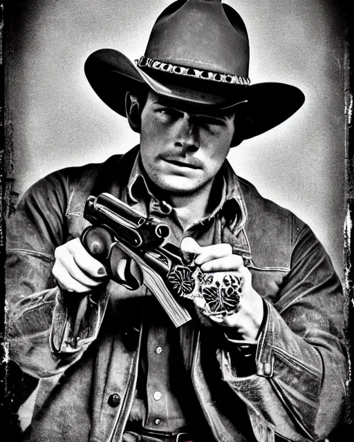 Prompt: portrait of cowboy holding realistic symmetrical colt single action army revolver, black and white polaroid, western, high production value, intricate details, high resolution, hyperrealistic, hdr, high definition, award winning photography, masterpiece, ultra realistic, highly detailed, hd, sharp focus, cinematic lighting, shaded, non blurry, sharp, smooth