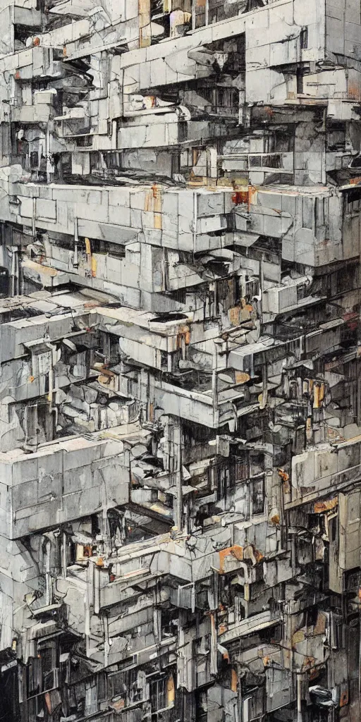 Image similar to oil painting scene from brutalism architecture art by kim jung gi