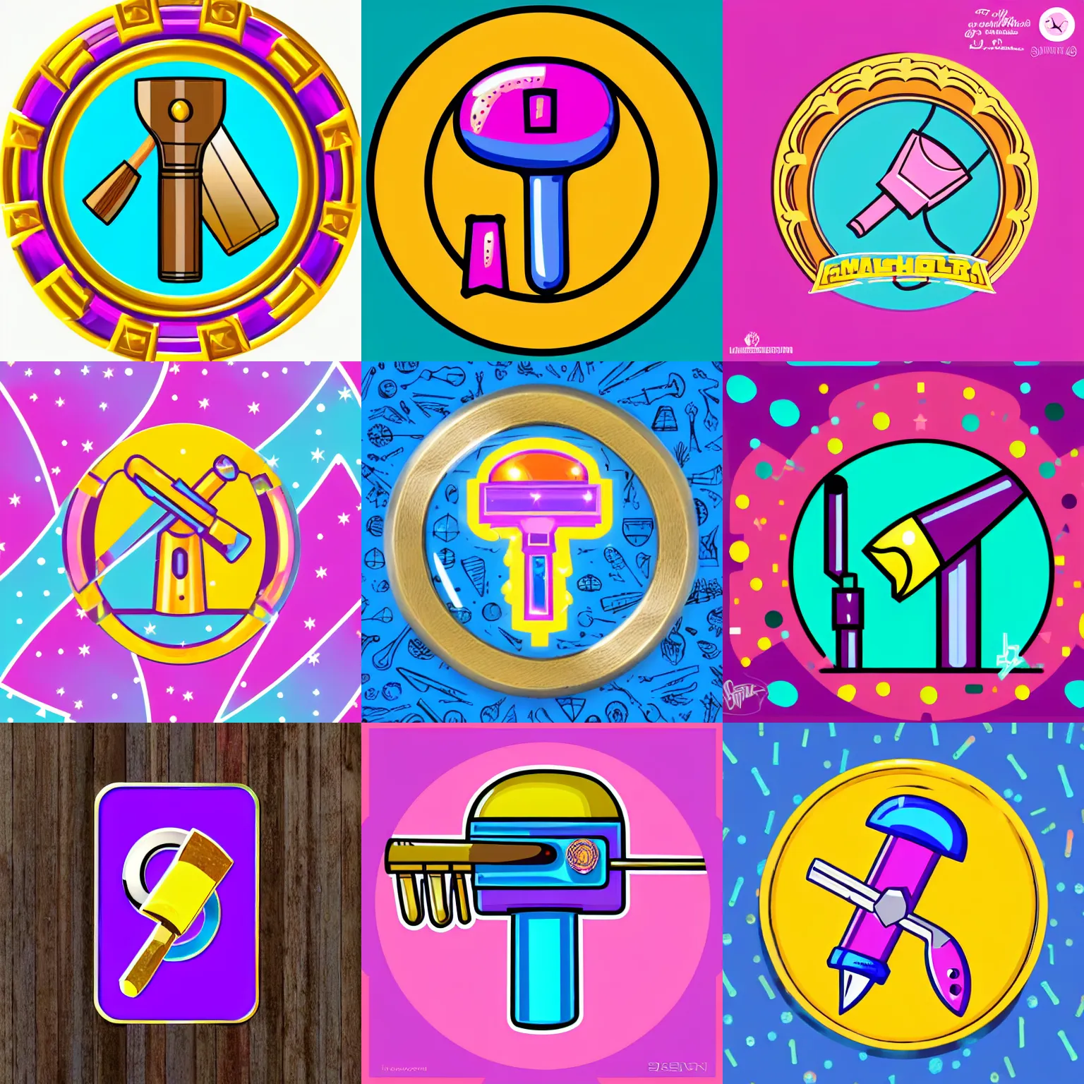 Prompt: 🔨!!!!!!!!!!!!!!!! girly hammer mallot sledgehammer icon designed by lisa frank, vector graphics forum badge, svg, symmetrical, transparent background, cute, metal, enamel, cloissonne, vintage, guilloche, gem stones, gilt, swarovski, circular