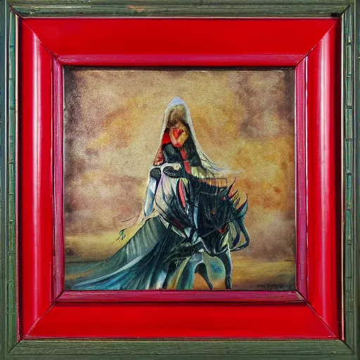 Image similar to a horrific painting in a bright red frame