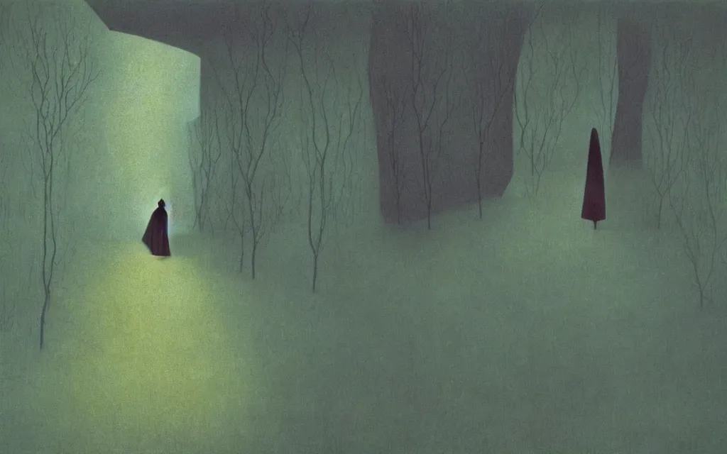 Prompt: colorized movie still from The Cabinet of Doctor Caligari: a ghost walking alone at night in the woods, oil painting by zdzisław beksiński, iridescent color palette chromatic aberration