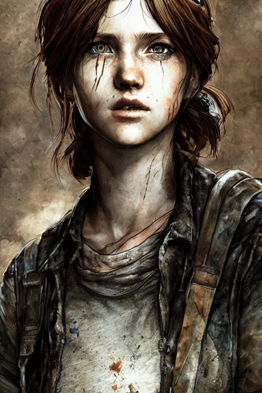 Image similar to ellie from the last of us, dirt, fashion, fantasy, art by ayami kojima, vasnetsov, cedric peyravernay