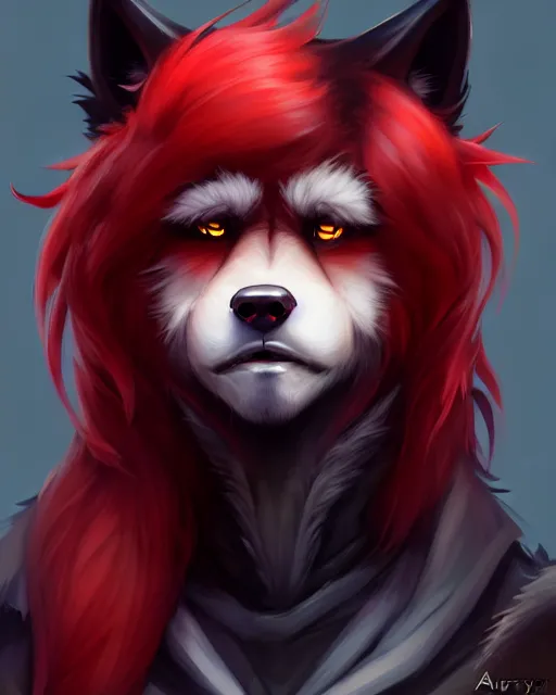 Image similar to character concept art of a black anthropomorphic male furry wolf long red hair | | cute - fine - face, pretty face, key visual, realistic shaded perfect face, fine details by stanley artgerm lau, wlop, rossdraws, james jean, andrei riabovitchev, marc simonetti, and sakimichan, trending on artstation