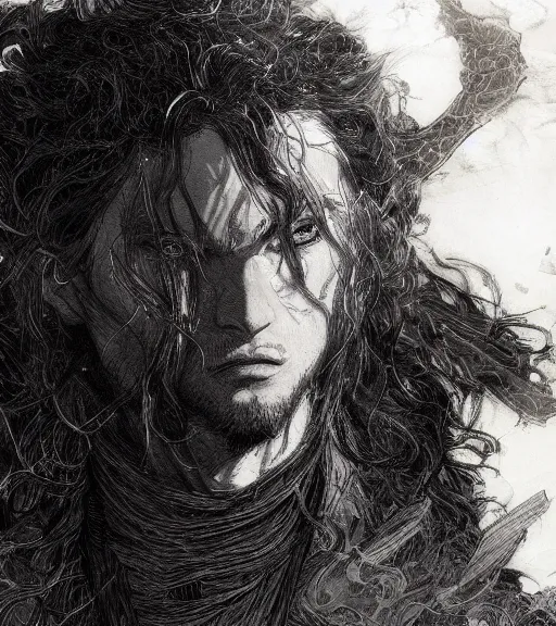 Prompt: portrait of anime giga chad with long hair wearing a dark robe, pen and ink, intricate line drawings, by craig mullins, ruan jia, kentaro miura, greg rutkowski, loundraw