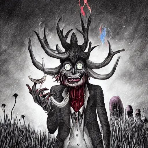 Image similar to 4 k headshot portrait of a psychedelic demonic anthropomorphic wendigo smoking a hand - rolled cigarette smoking heavily, magic mushroom village in background. award winning. superb resolution. in the art style of junji ito and greg rutkowski. detailed mushroom city in background. hyper realistic anime. perfect art. dalle 2