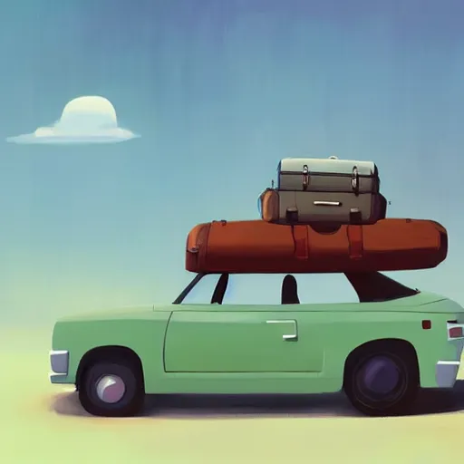 Prompt: goro fujita ilustration rear view of a car equipped with suitcases heading to the forest on a sunny day, painting by goro fujita, sharp focus, highly detailed, artstation