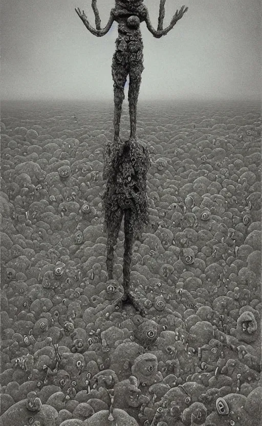 Image similar to spongebob squarepants in style of zdzisław beksinski, standing in wasteland, horror art, creepy, desolate