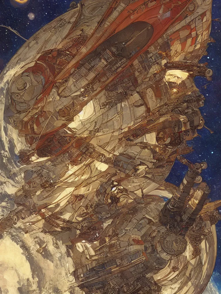 Prompt: Intergalactic highly-detailed ship of war orbiting a ringed planet, by Mucha, trending on ArtStation