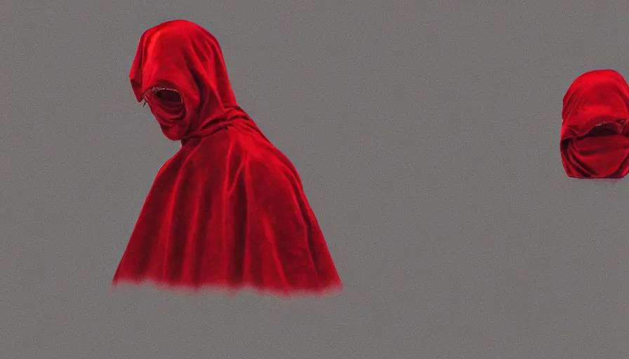 Image similar to rendering of invisible man wrapped in red velvet sheet. surrounded by darkness