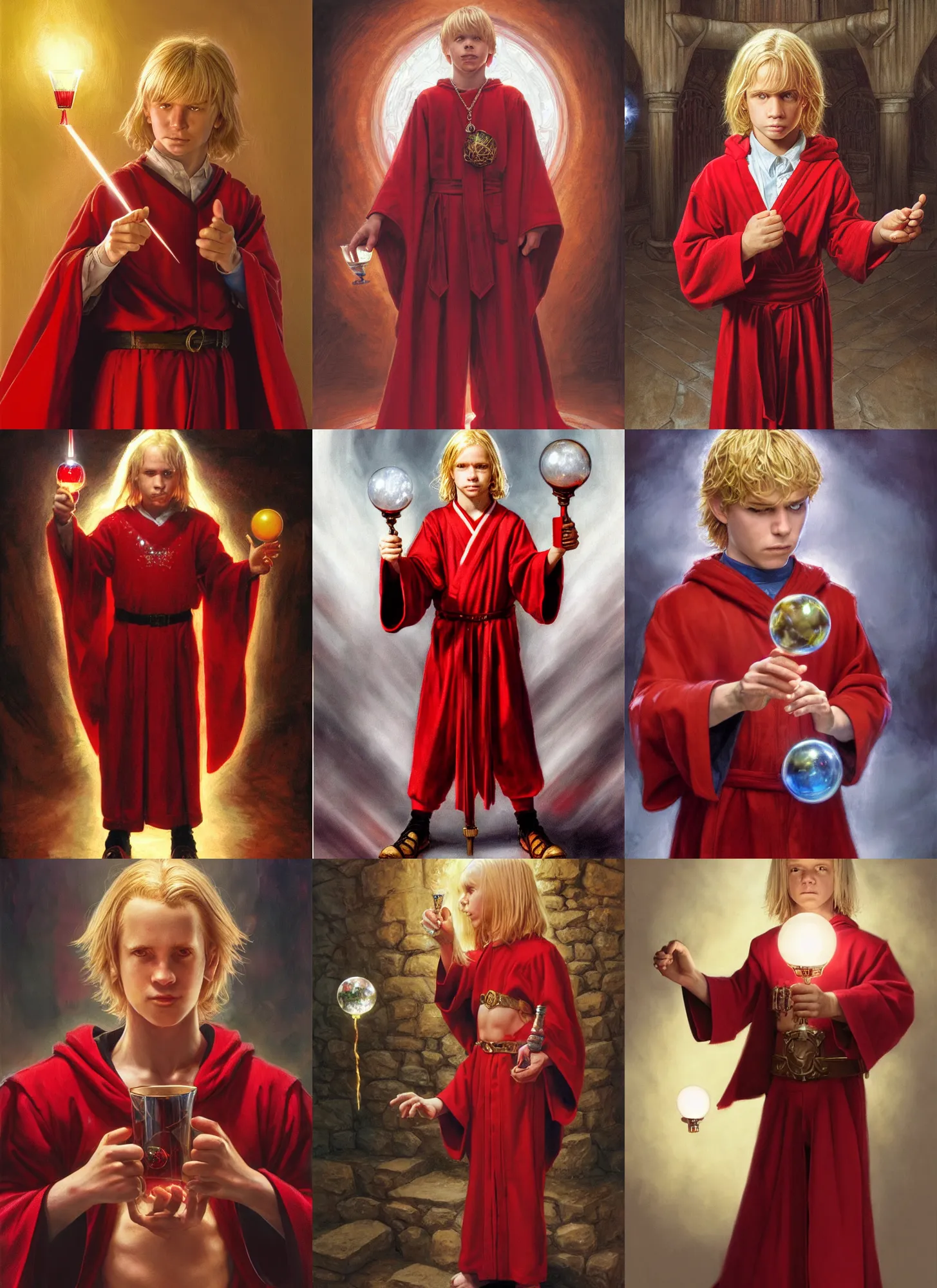 Prompt: a 1 2 year old white boy with blonde hair, medium length hair, wearing red sorcerers robes, holding a glass orb in his hands, style by donato giancola, wayne reynolds, jeff easley dramatic light, high detail, cinematic lighting, artstation, dungeons and dragons