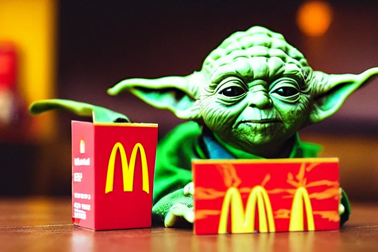 Prompt: yoda, annoyed, yoda sitting behind a table inside mcdonald's, small red cardboard box on table, yellow m logo on box, soggy french fries, 3 5 mm, f / 2. 8