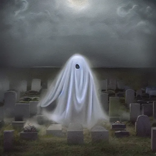 Prompt: ominous bedsheet ghost floating above a grave, oil painting, brush strokes, gloomy misty atmosphere, symmetrical, full body image, highly ornate intricate details,