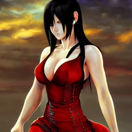 Image similar to oil painted portrait of tifa lockhart from from final fantasy 7 in her signature red dress with the steam punk city midgard as backdrop, by master artist yoshitaka amano trending on artstation