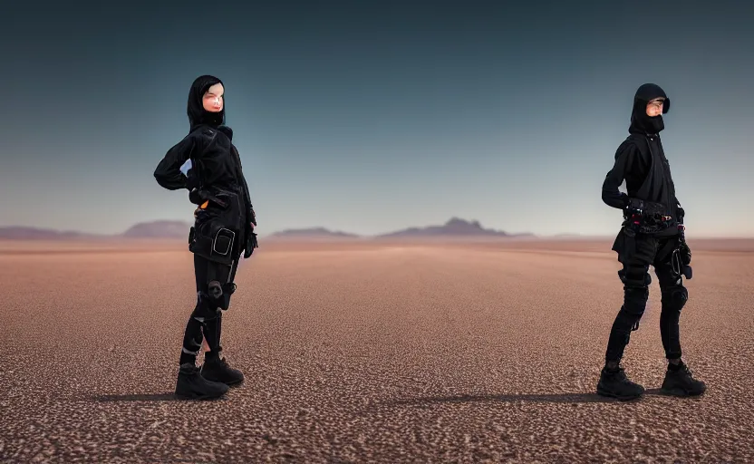 Image similar to photograph of a techwear woman alone, on a desert road with a futuristic city in the horizon, one point perspective, long exposure, 1-point perspective, tilt shift, sigma 85mm f/1.4, 4k, depth of field, high resolution, 4k, 8k, hd, full color