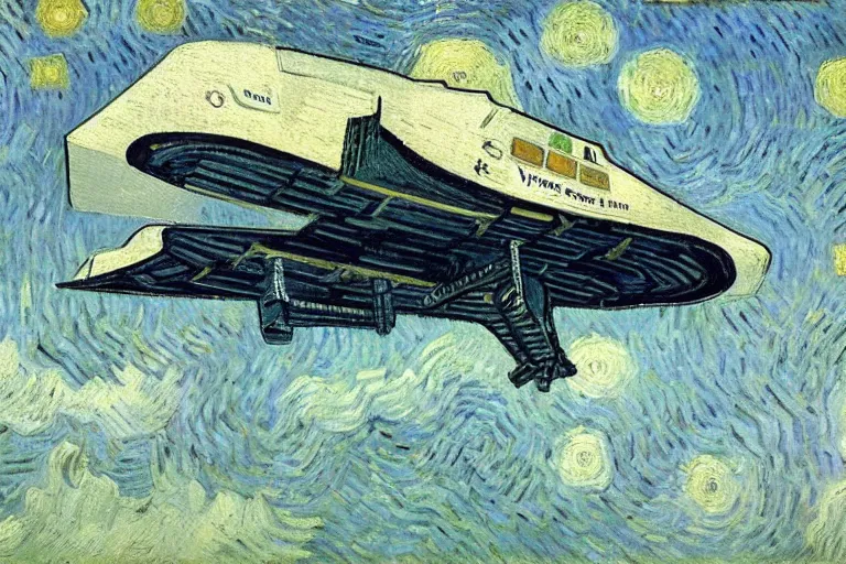 Image similar to detailed oil painting of an Imperial Shuttle spacecraft flying away from earth by Vincent van Gogh