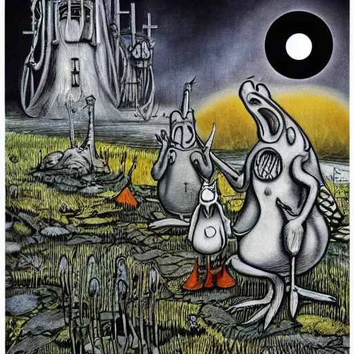 Prompt: the moomins in moominvalley, hr giger artwork, very detailed!, high quality, 4 k