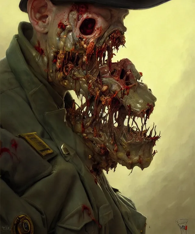 Image similar to painting of a rotting slimy zombie wearing a cop uniform by edgar maxence and rhads and leyendecker. police, award - winning digital art on pixiv, trending on artstation, cinematic lighting, dramatic lighting, stunning and beautiful scenery - highly detailed, hyperrealistic, unreal engine 5