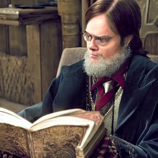 Image similar to dwight schrute playing dumbledore in a harry potter movie