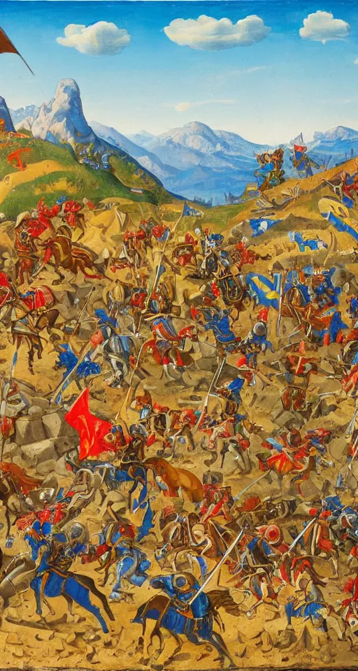 Prompt: colorful simple wideshot of a medieval battle in front of a beautiful large blue mountainscape, painting