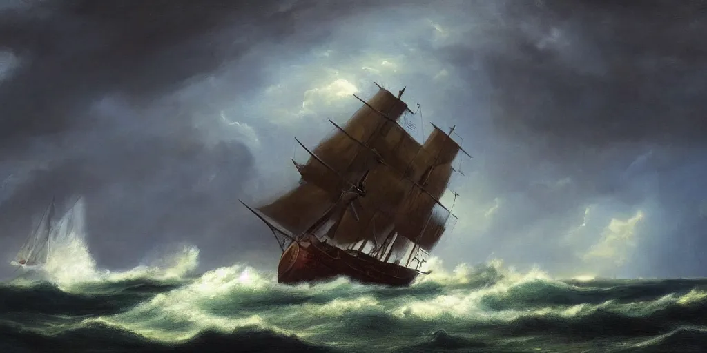 Image similar to a sail powered pirateship sailing through a powerful lighting storm, cliffs can be seen in the background, in the style of hudson river school, trending on art station, done in all blues