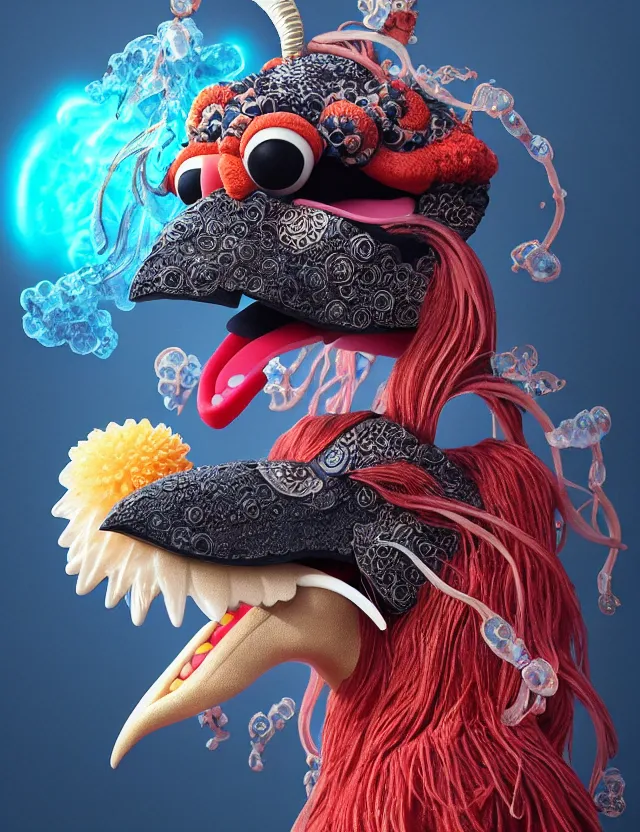 Image similar to 3 d muppet portrait with ram skull. beautiful intricately detailed japanese crow kitsune mask and clasical japanese kimono. betta fish, jellyfish phoenix, bio luminescent, plasma, ice, water, wind, creature, artwork by tooth wu and wlop and beeple and greg rutkowski